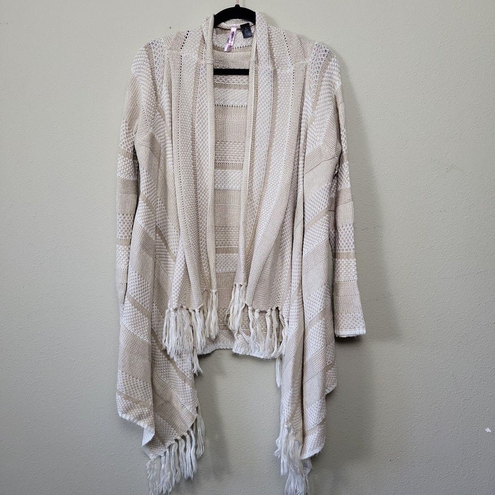 Love By Design Women's S Open Knit Fringe Trim Beachy Sweater Cream Beige Stripe